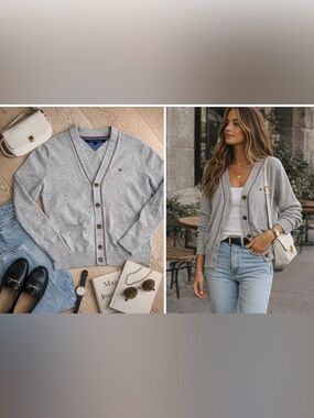 Vintage Tommy Hilfiger Schoolboy Cardigan | Preppy Gray Knit | Classic Logo